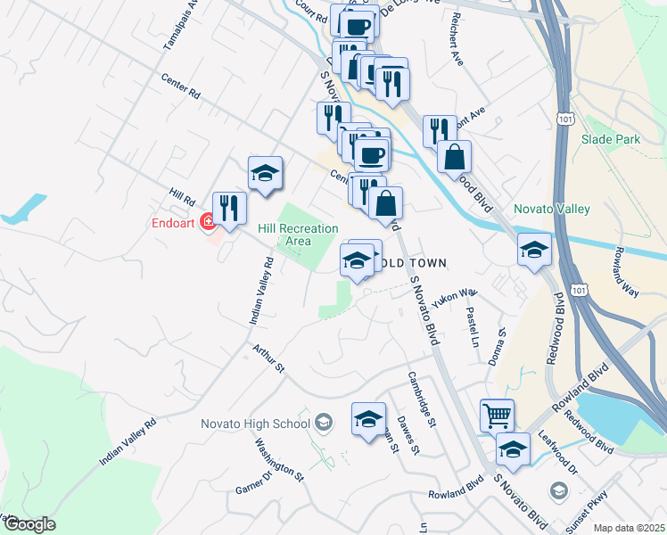 map of restaurants, bars, coffee shops, grocery stores, and more near 1522 Hill Road in Novato