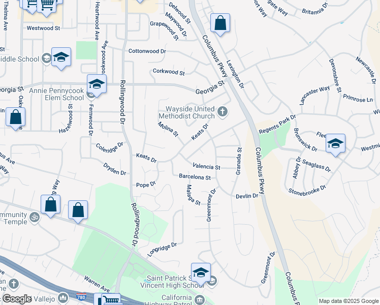 map of restaurants, bars, coffee shops, grocery stores, and more near 116 Aragon St in Vallejo