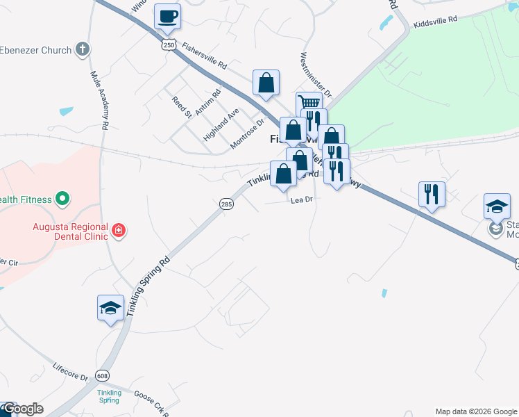 map of restaurants, bars, coffee shops, grocery stores, and more near 136 Tinkling Spring Road in Fishersville