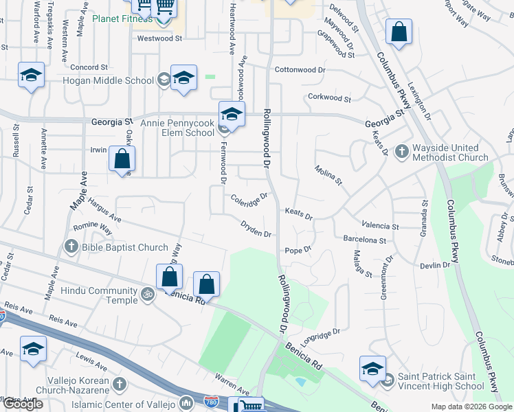 map of restaurants, bars, coffee shops, grocery stores, and more near 159 Coleridge Drive in Vallejo