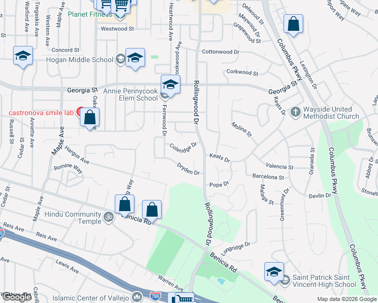 map of restaurants, bars, coffee shops, grocery stores, and more near 159 Coleridge Drive in Vallejo