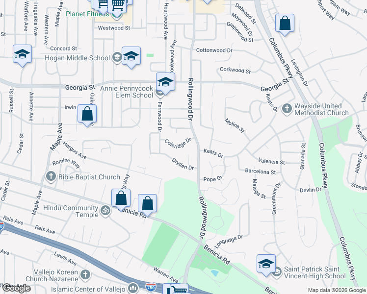 map of restaurants, bars, coffee shops, grocery stores, and more near 159 Coleridge Drive in Vallejo