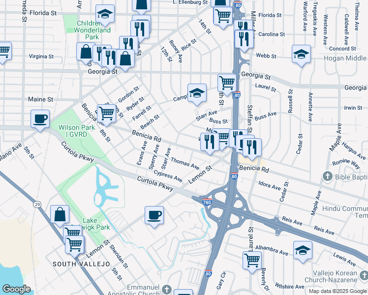 map of restaurants, bars, coffee shops, grocery stores, and more near 411 Benicia Road in Vallejo