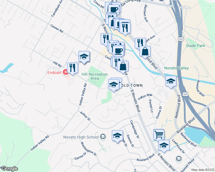 map of restaurants, bars, coffee shops, grocery stores, and more near 1522 Hill Road in Novato