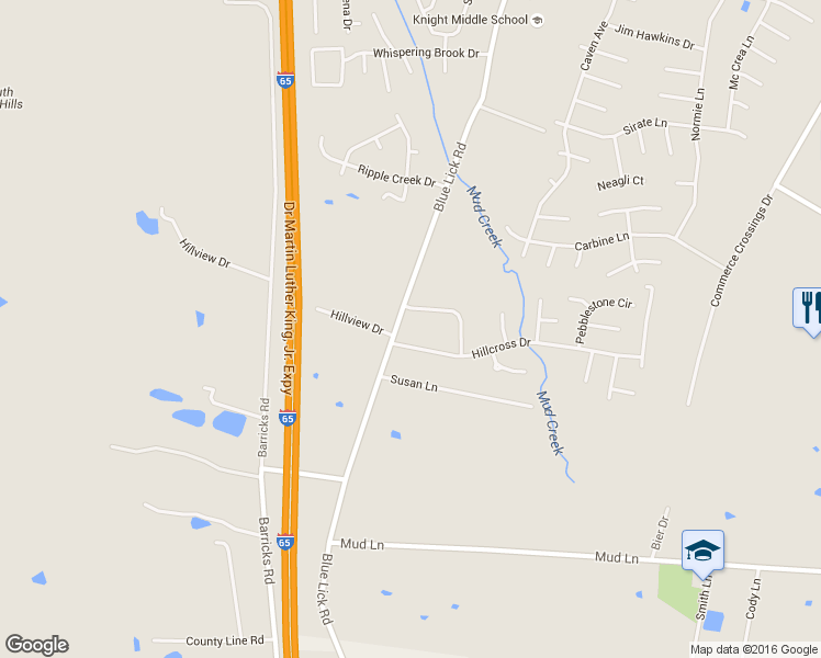 map of restaurants, bars, coffee shops, grocery stores, and more near 3629 Hillcross Drive in Louisville