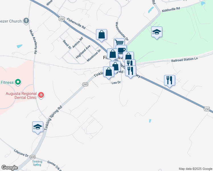 map of restaurants, bars, coffee shops, grocery stores, and more near 54 Lea Drive in Fishersville