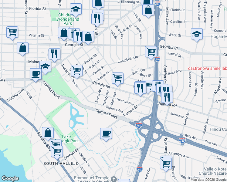 map of restaurants, bars, coffee shops, grocery stores, and more near 321 Benicia Road in Vallejo