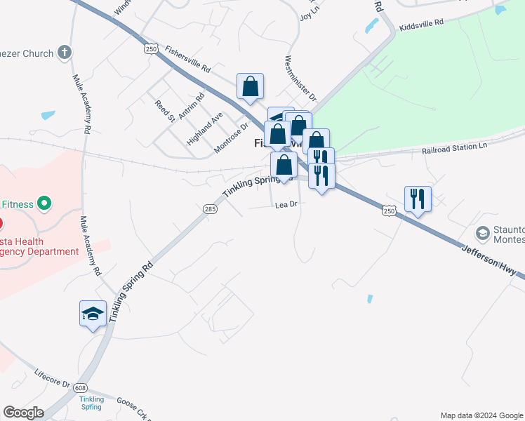 map of restaurants, bars, coffee shops, grocery stores, and more near 54 Lea Drive in Fishersville