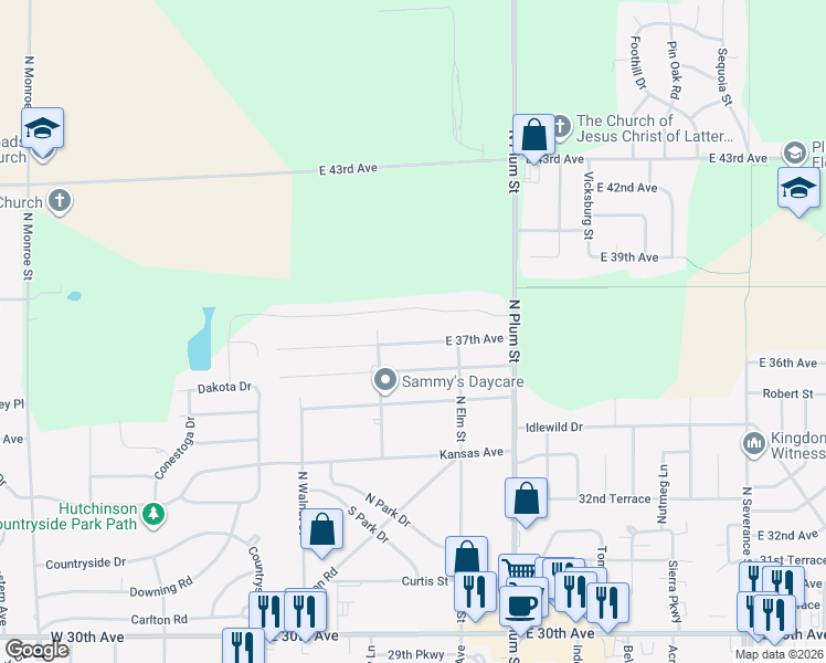 map of restaurants, bars, coffee shops, grocery stores, and more near 312 East 37th Avenue in Hutchinson