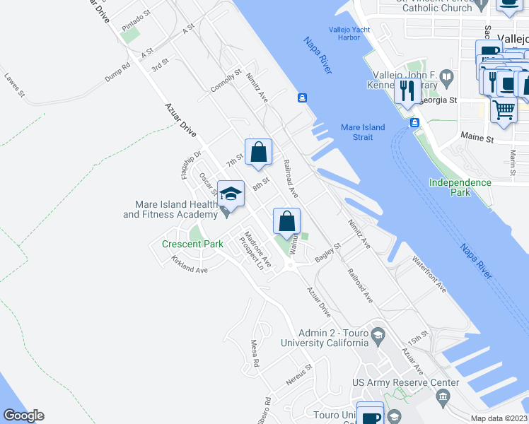 map of restaurants, bars, coffee shops, grocery stores, and more near 1116 Oak Avenue in Vallejo