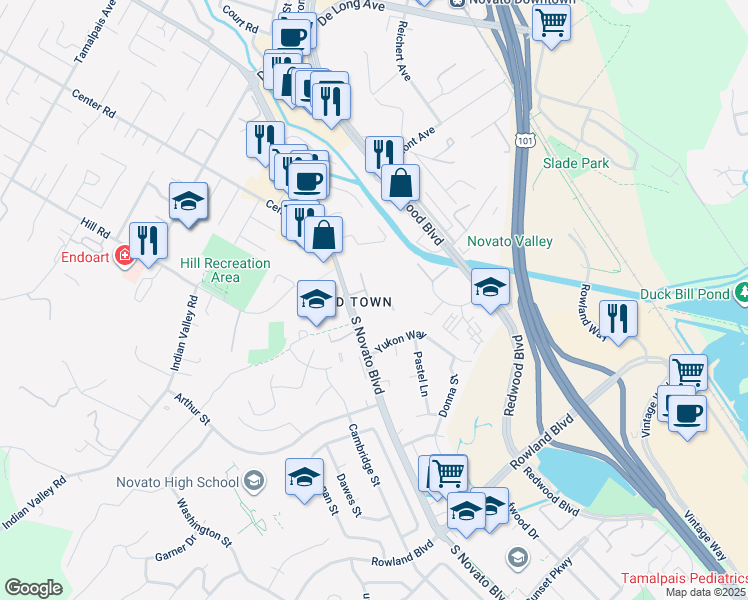 map of restaurants, bars, coffee shops, grocery stores, and more near 1500 South Novato Boulevard in Novato