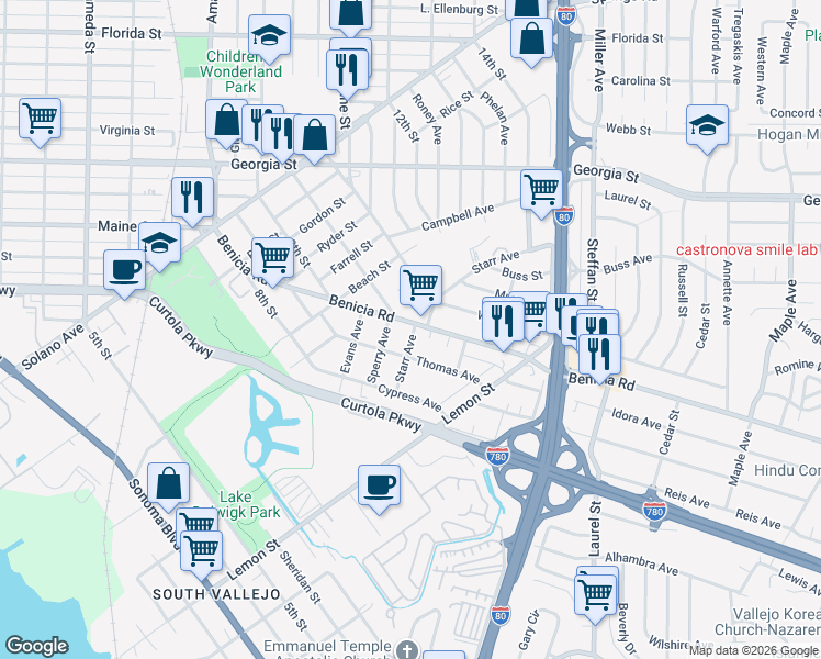 map of restaurants, bars, coffee shops, grocery stores, and more near 411 Benicia Road in Vallejo