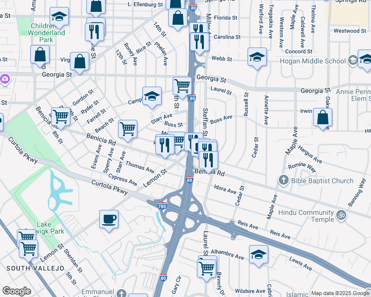 map of restaurants, bars, coffee shops, grocery stores, and more near 560 Wallace Avenue in Vallejo