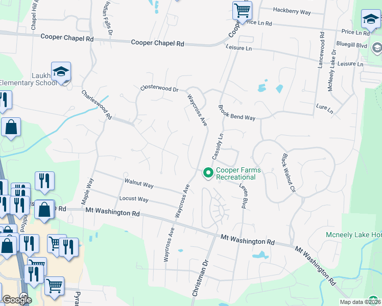 map of restaurants, bars, coffee shops, grocery stores, and more near 10421 Leven Boulevard in Louisville