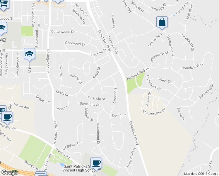 map of restaurants, bars, coffee shops, grocery stores, and more near 127 Seville Street in Vallejo