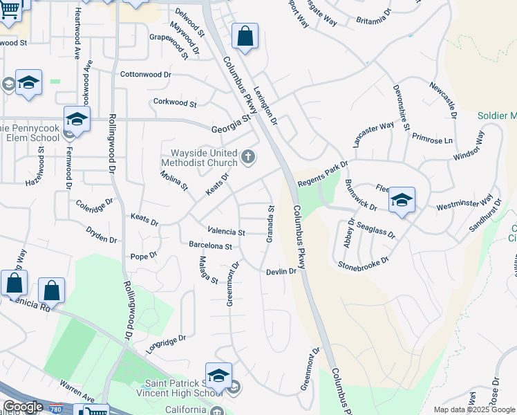 map of restaurants, bars, coffee shops, grocery stores, and more near 127 Seville Street in Vallejo