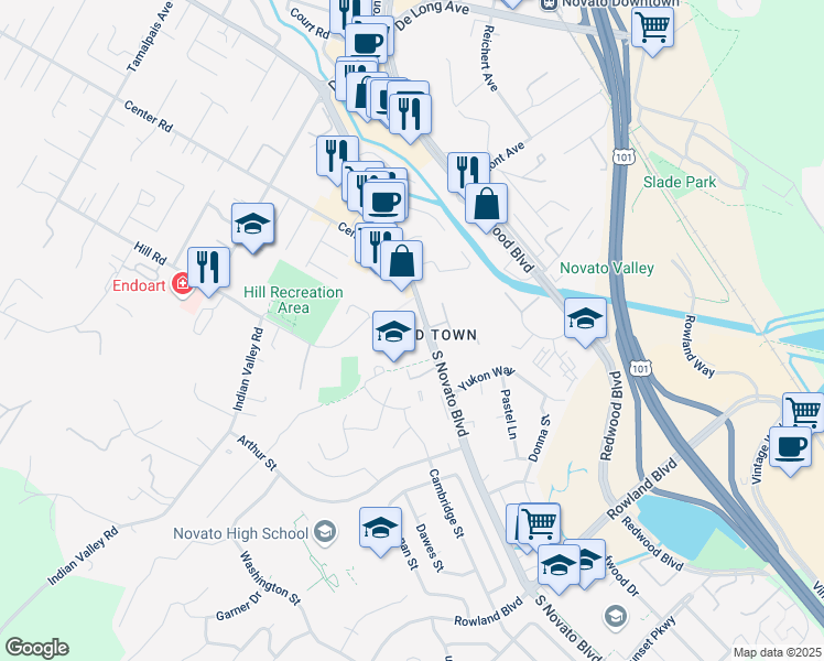 map of restaurants, bars, coffee shops, grocery stores, and more near 1515 South Novato Boulevard in Novato