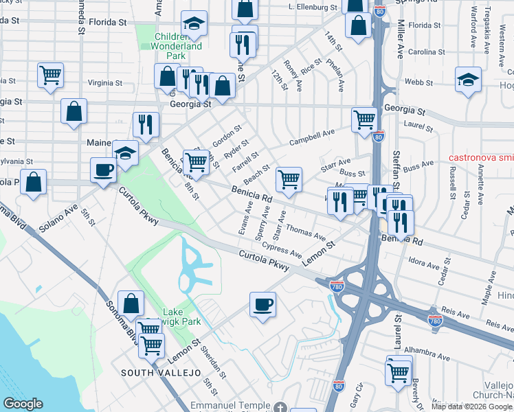 map of restaurants, bars, coffee shops, grocery stores, and more near 322 Evans Avenue in Vallejo