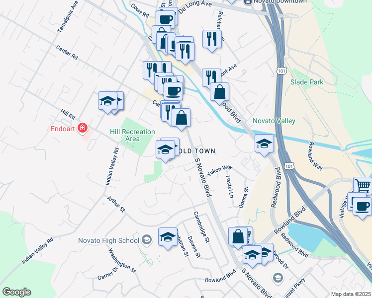 map of restaurants, bars, coffee shops, grocery stores, and more near 1515 South Novato Boulevard in Novato