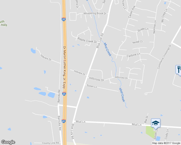 map of restaurants, bars, coffee shops, grocery stores, and more near 3623 Hillcross Drive in Louisville