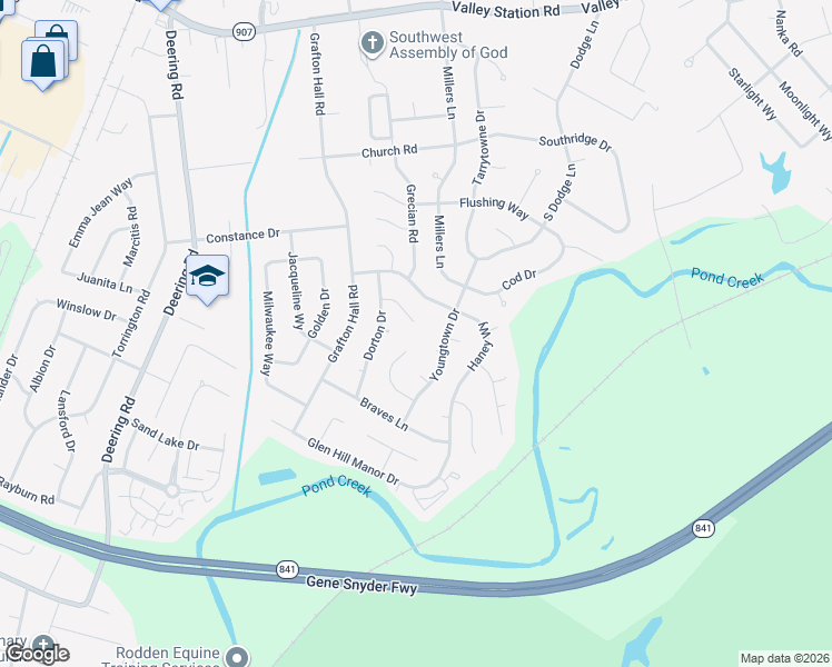 map of restaurants, bars, coffee shops, grocery stores, and more near 3128 Pine Trace Court in Louisville