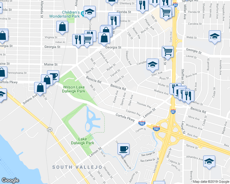 map of restaurants, bars, coffee shops, grocery stores, and more near 315 Evans Avenue in Vallejo