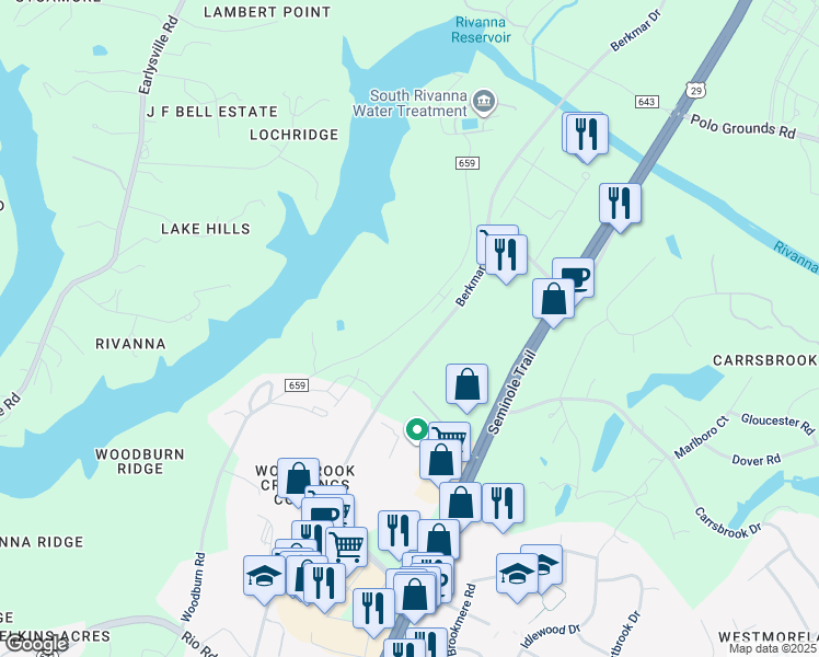 map of restaurants, bars, coffee shops, grocery stores, and more near 2221 Woodburn Road in Charlottesville