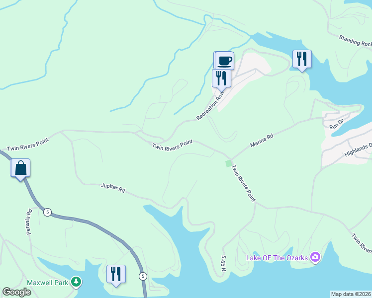 map of restaurants, bars, coffee shops, grocery stores, and more near Twin Rivers Point in Camdenton