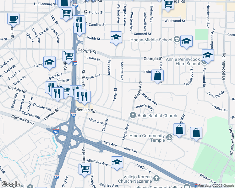 map of restaurants, bars, coffee shops, grocery stores, and more near 512 Cedar Street in Vallejo