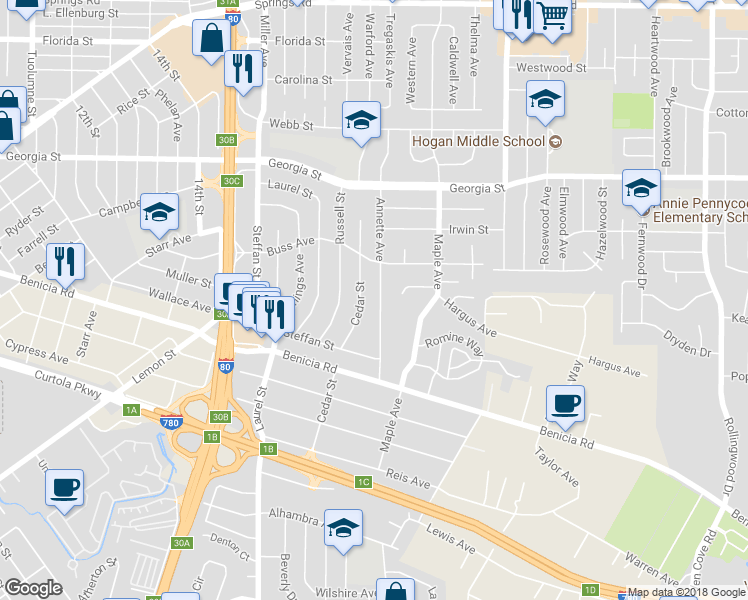 map of restaurants, bars, coffee shops, grocery stores, and more near 519 Annette Avenue in Vallejo