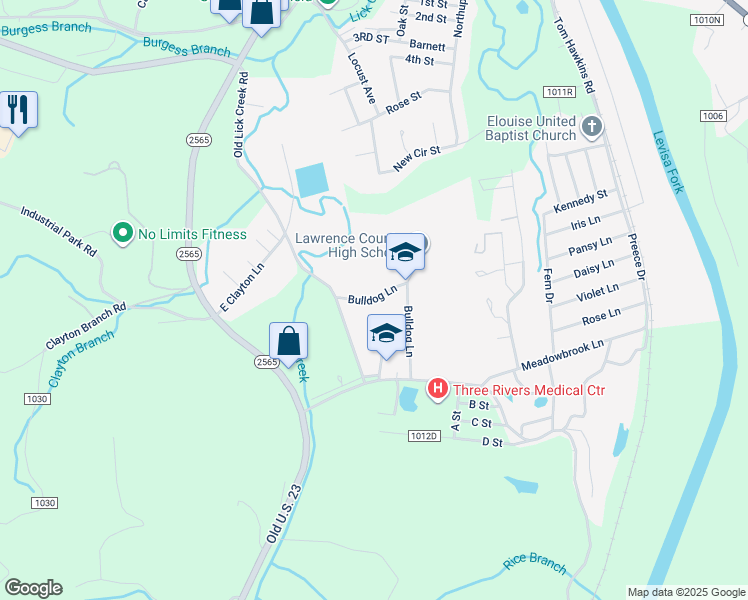 map of restaurants, bars, coffee shops, grocery stores, and more near Bulldog Lane in Louisa