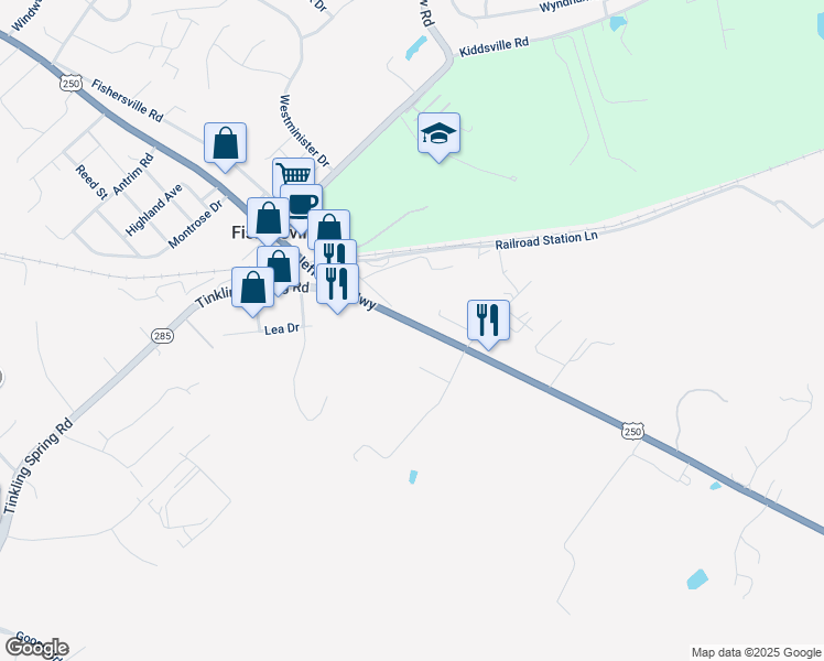 map of restaurants, bars, coffee shops, grocery stores, and more near 1917 Jefferson Highway in Fishersville