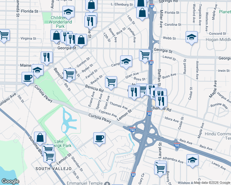 map of restaurants, bars, coffee shops, grocery stores, and more near 411 Benicia Road in Vallejo