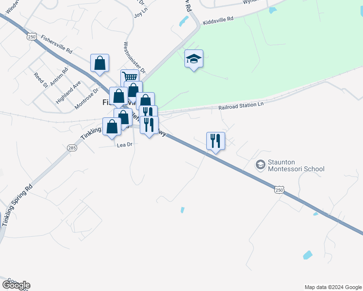 map of restaurants, bars, coffee shops, grocery stores, and more near 1917 Jefferson Highway in Fishersville