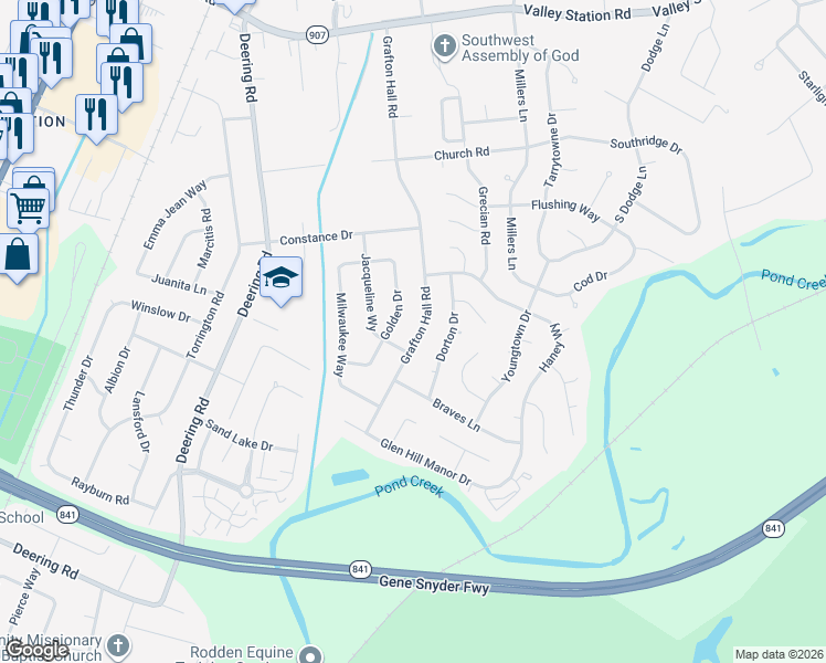 map of restaurants, bars, coffee shops, grocery stores, and more near 10900 Grafton Hall Road in Louisville