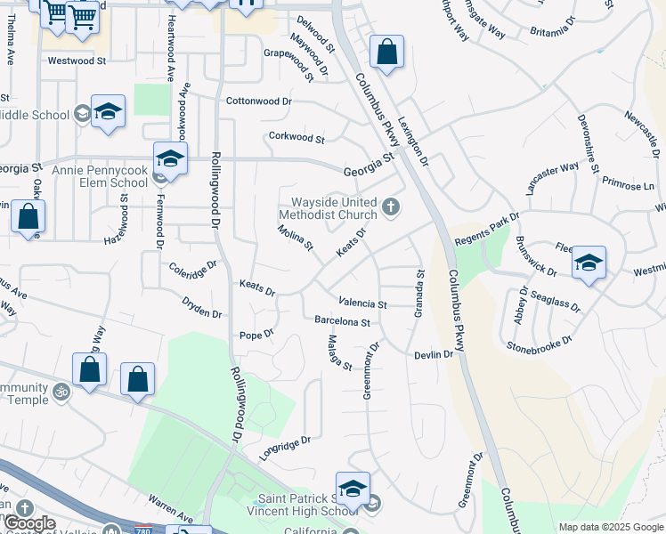 map of restaurants, bars, coffee shops, grocery stores, and more near 116 Aragon Street in Vallejo
