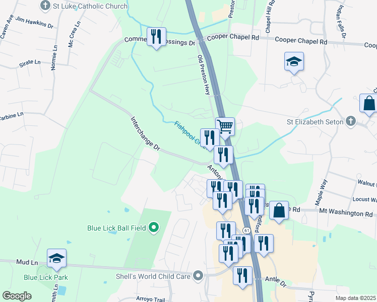 map of restaurants, bars, coffee shops, grocery stores, and more near 11751 Interchange Drive in Louisville