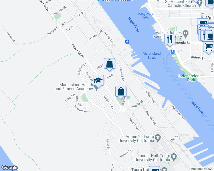 map of restaurants, bars, coffee shops, grocery stores, and more near 1082 Azuar Drive in Vallejo