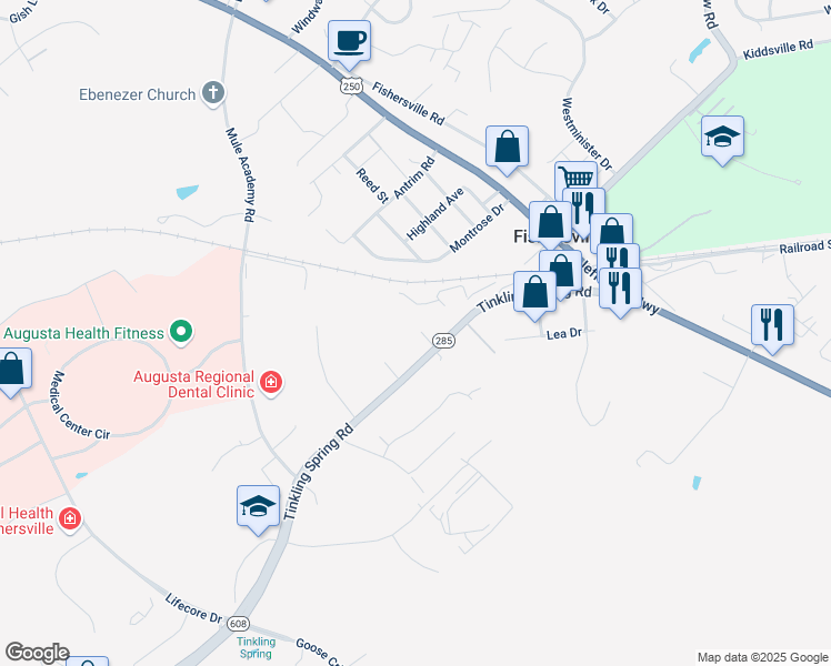 map of restaurants, bars, coffee shops, grocery stores, and more near 167 Tinkling Spring Road in Fishersville