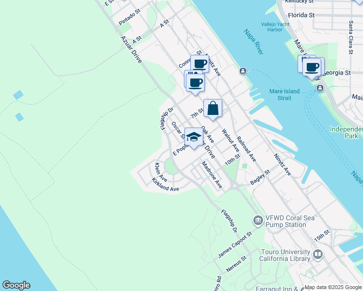 map of restaurants, bars, coffee shops, grocery stores, and more near 526 Flagship Drive in Vallejo