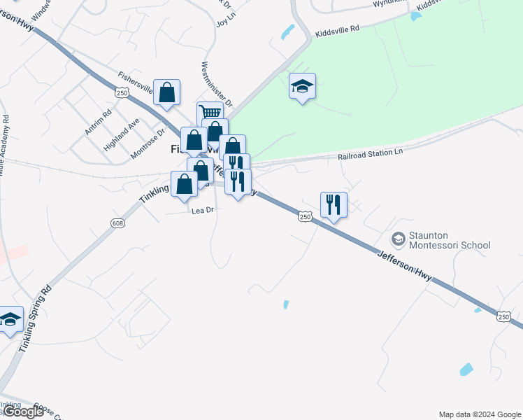 map of restaurants, bars, coffee shops, grocery stores, and more near 1885 Jefferson Highway in Fishersville
