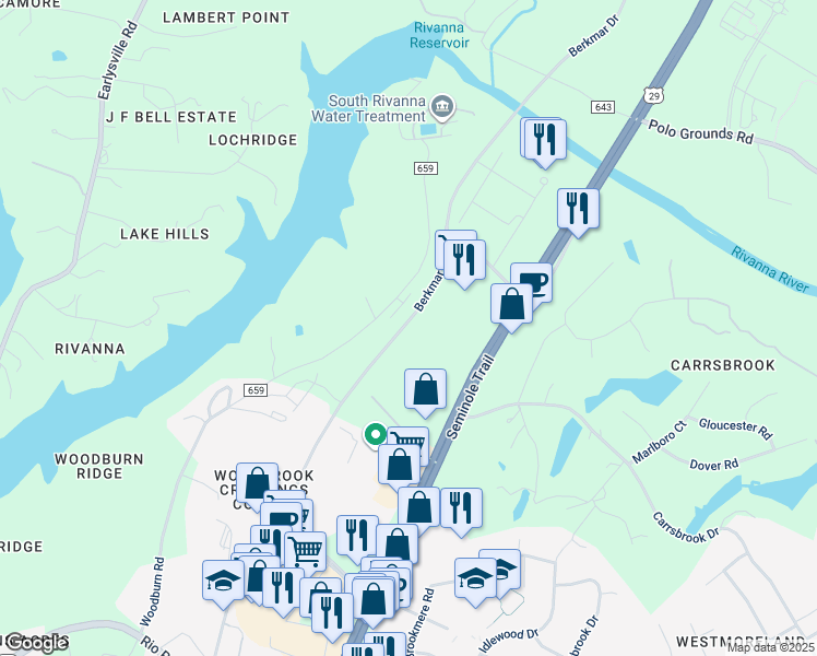 map of restaurants, bars, coffee shops, grocery stores, and more near 2253 Woodburn Road in Charlottesville