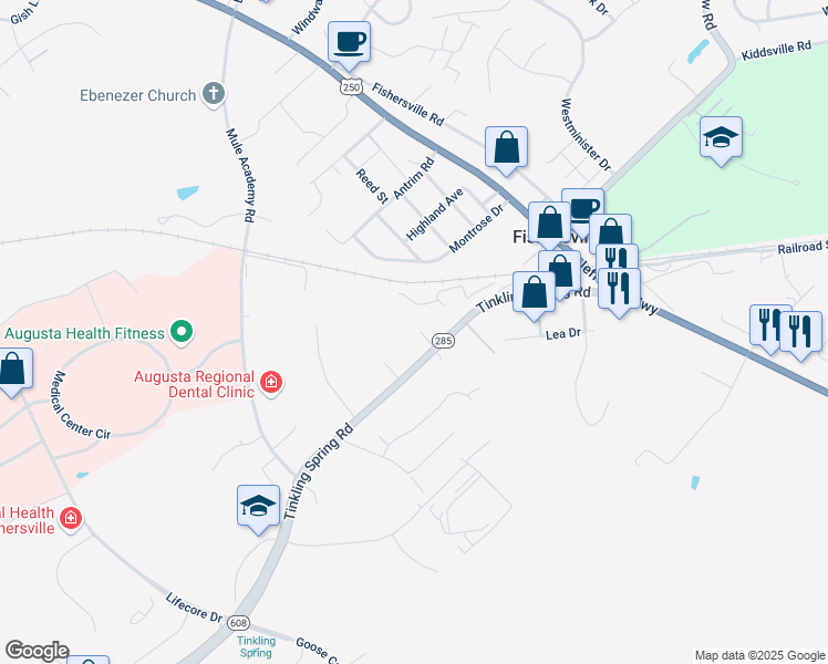 map of restaurants, bars, coffee shops, grocery stores, and more near 167 Tinkling Spring Road in Fishersville