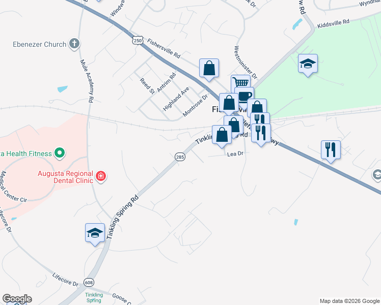 map of restaurants, bars, coffee shops, grocery stores, and more near 136 Tinkling Spring Road in Fishersville