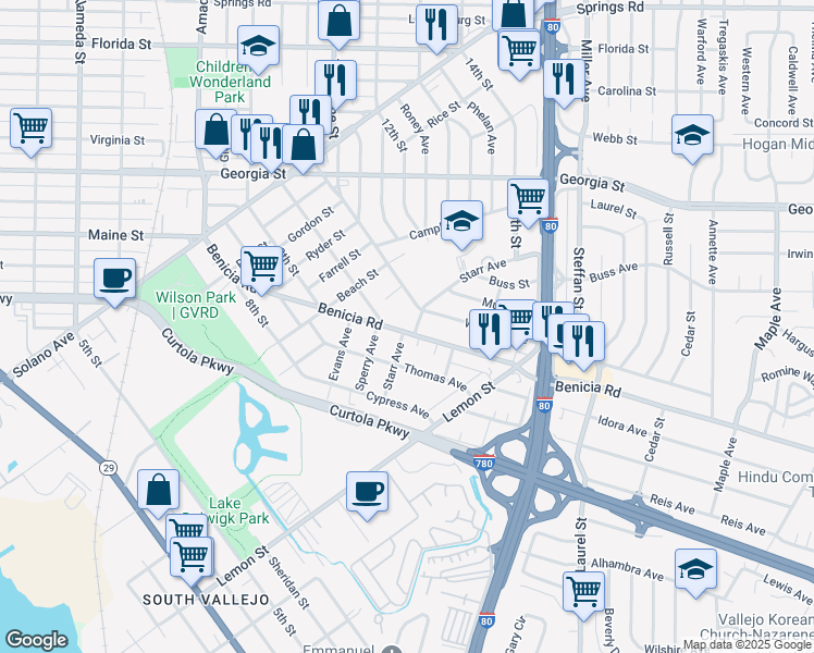 map of restaurants, bars, coffee shops, grocery stores, and more near 316 Benicia Road in Vallejo
