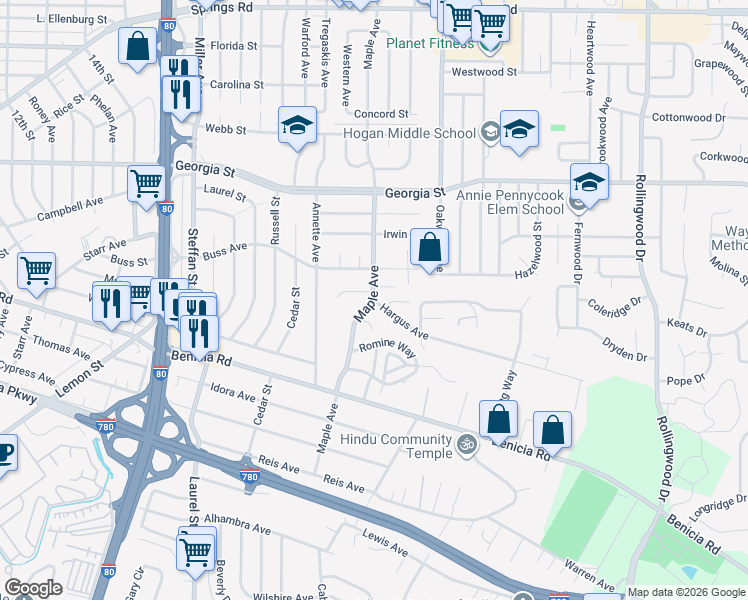 map of restaurants, bars, coffee shops, grocery stores, and more near Maple Ave & Hargus Ave in Vallejo