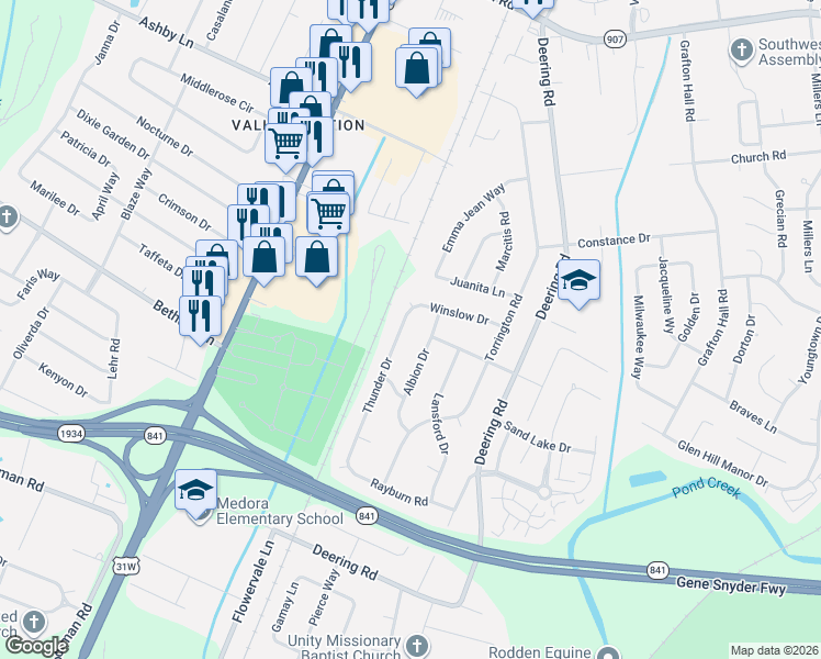 map of restaurants, bars, coffee shops, grocery stores, and more near 11001 Albion Drive in Louisville