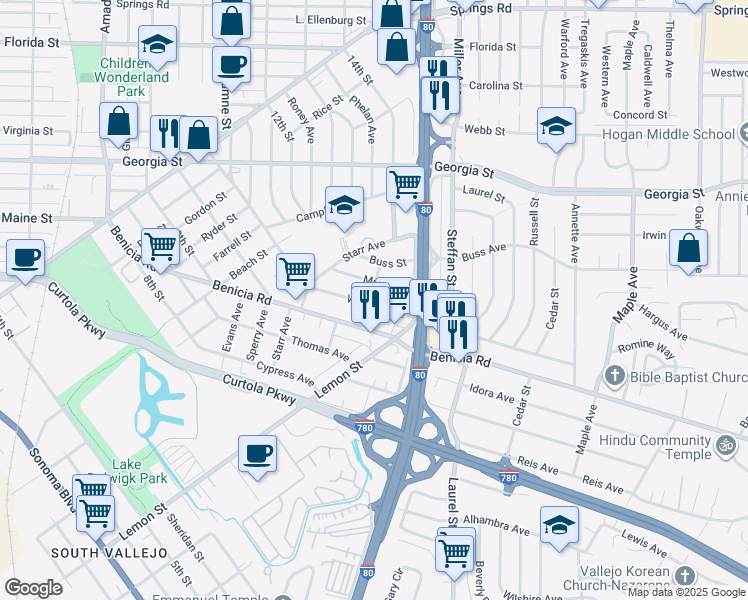 map of restaurants, bars, coffee shops, grocery stores, and more near 500 Wallace Avenue in Vallejo