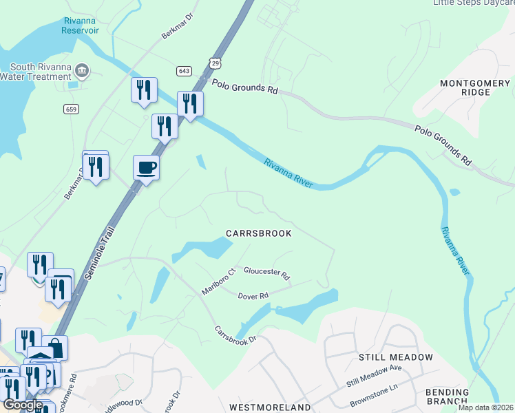 map of restaurants, bars, coffee shops, grocery stores, and more near 315-3515 Monacan Drive East in Charlottesville