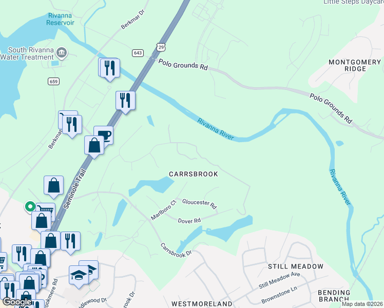 map of restaurants, bars, coffee shops, grocery stores, and more near 315-3515 Monacan Drive East in Charlottesville